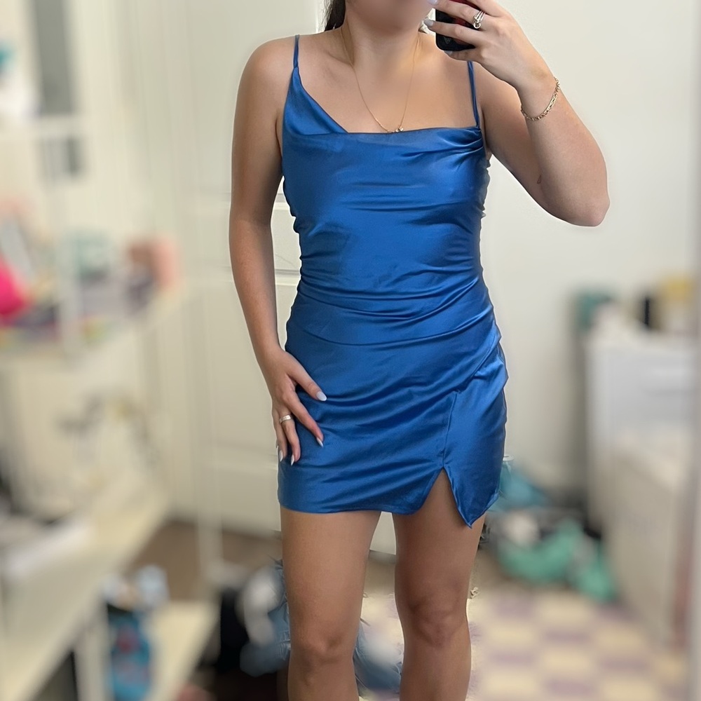 Blue Blush Royal Blue Satin Asymmetrical Cowl Mini Dress